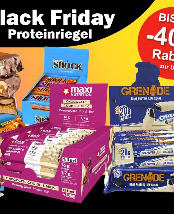 Auf dem Bild sind Proteinriegel diverser Anbieter zu sehen, die in der Black Week aktuell günstiger angeboten werden.
