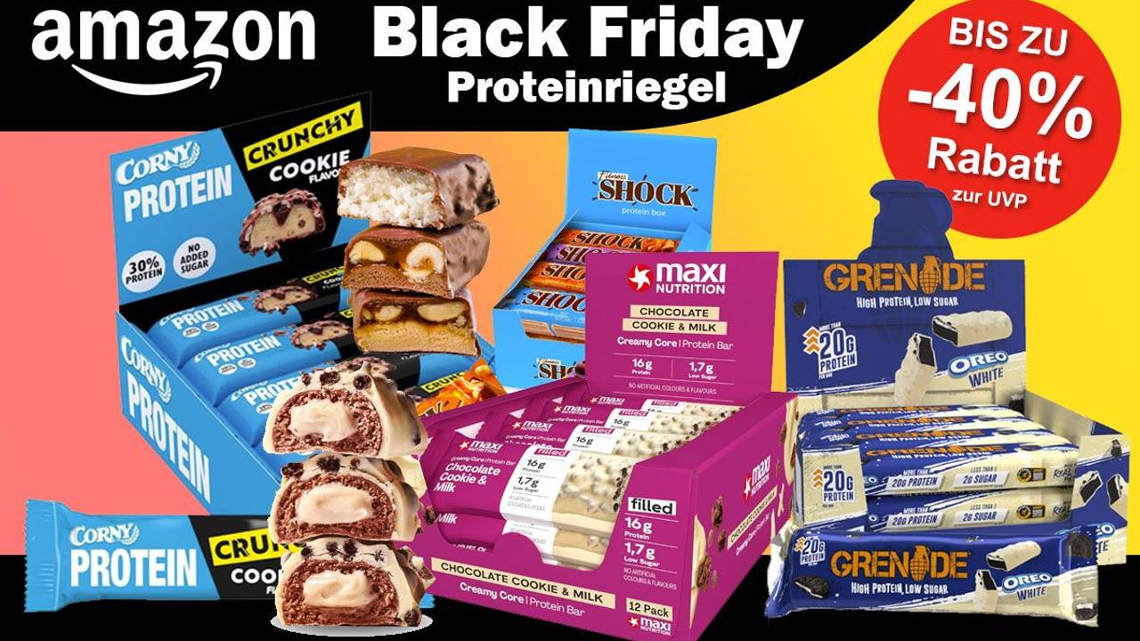 Auf dem Bild sind Proteinriegel diverser Anbieter zu sehen, die in der Black Week aktuell günstiger angeboten werden.