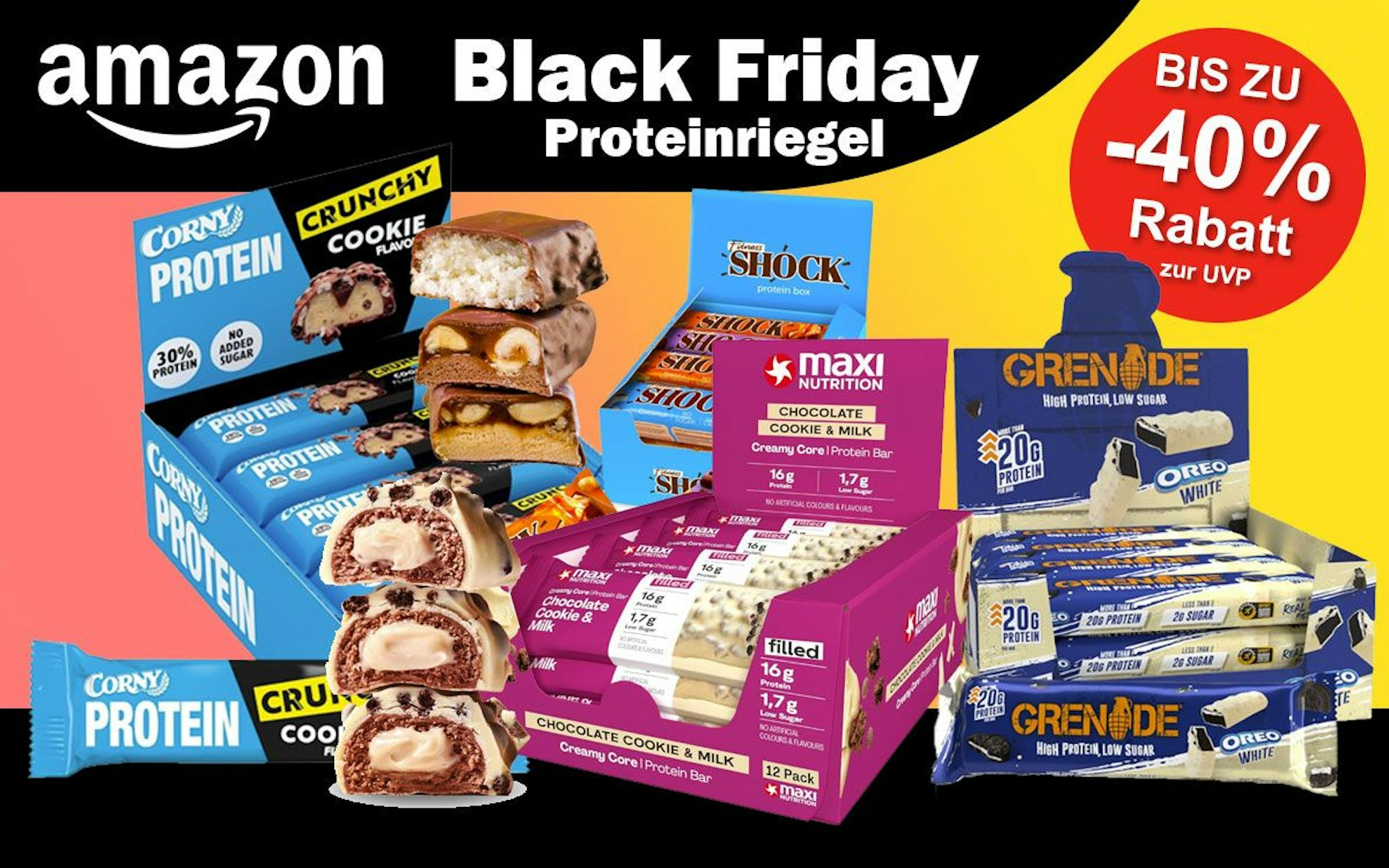 Auf dem Bild sind Proteinriegel diverser Anbieter zu sehen, die in der Black Week aktuell günstiger angeboten werden.