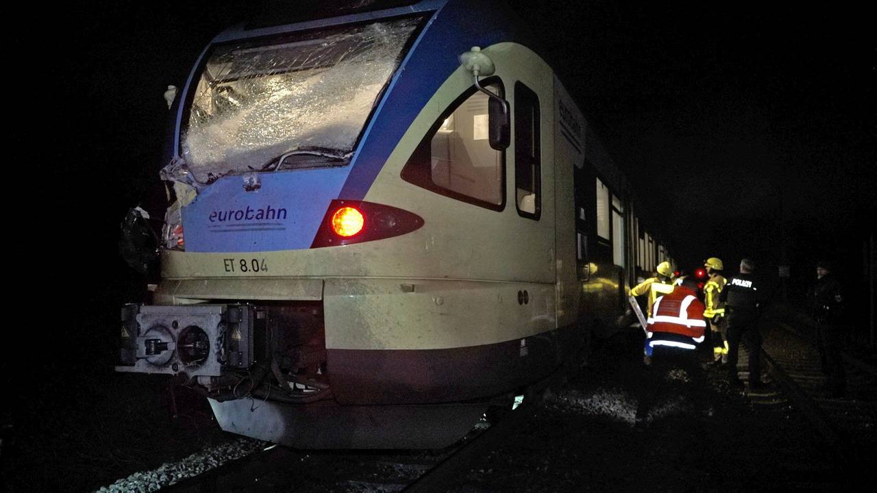 Feuerwehrleute stehen an einem verunglückten Zug in der Nähe von Rheine im Münsterland. Ein Baum war wegen eines Sturms auf die Gleise gestürzt. Bei der Kollision mit dem Baum wurde der Zugführer des Regionalzuges schwer verletzt und musste zur Behandlung in ein Krankenhaus gebracht werden.
