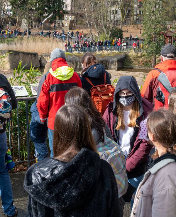 Viele Menschen besuchen Zoo und drängen sich vor den Gehegen.