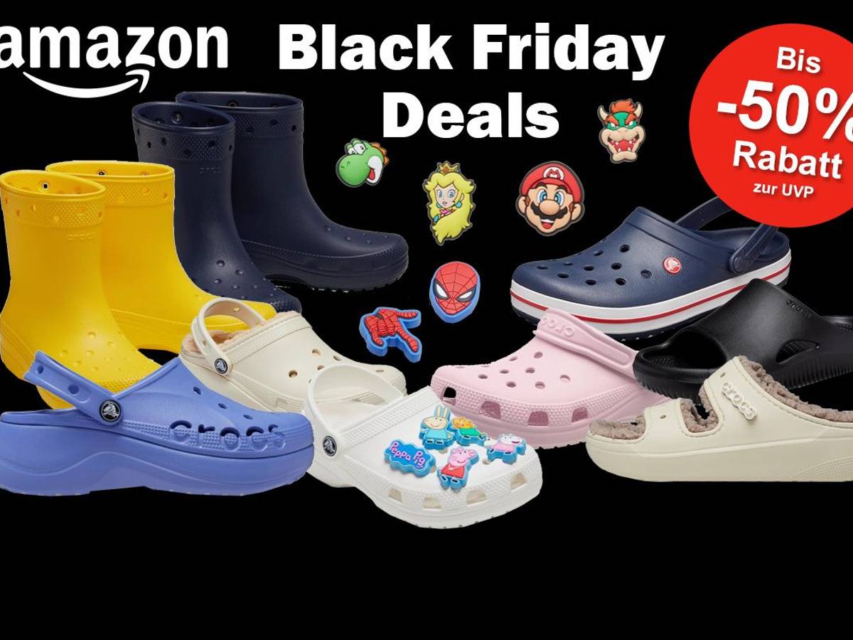 Verschiedene Produktbilder von verschiedenfarbigen Crocs Modellen, Clogs, Sandalen, Stiefel, Plateau und Jibbitz vor einem schwarzen Hintergrund