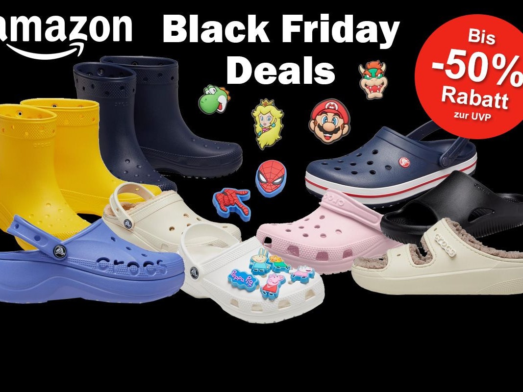 Verschiedene Produktbilder von verschiedenfarbigen Crocs Modellen, Clogs, Sandalen, Stiefel, Plateau und Jibbitz vor einem schwarzen Hintergrund