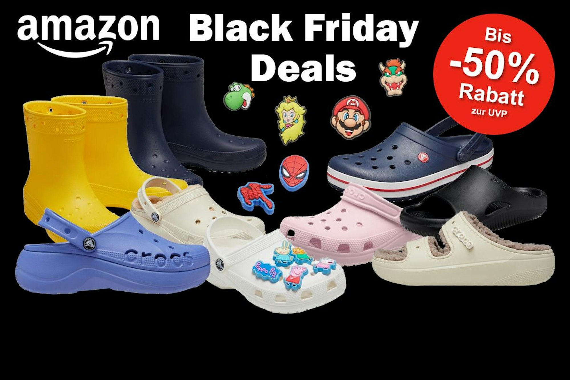 Verschiedene Produktbilder von verschiedenfarbigen Crocs Modellen, Clogs, Sandalen, Stiefel, Plateau und Jibbitz vor einem schwarzen Hintergrund