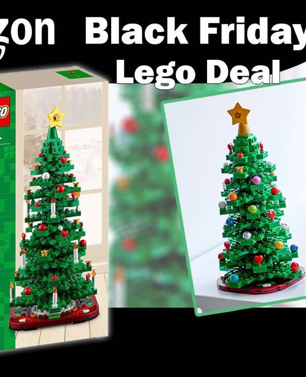 Lego Weihnachtsbaum (40573) in Verpackung und aufgebaut auf einer Fensterbank.