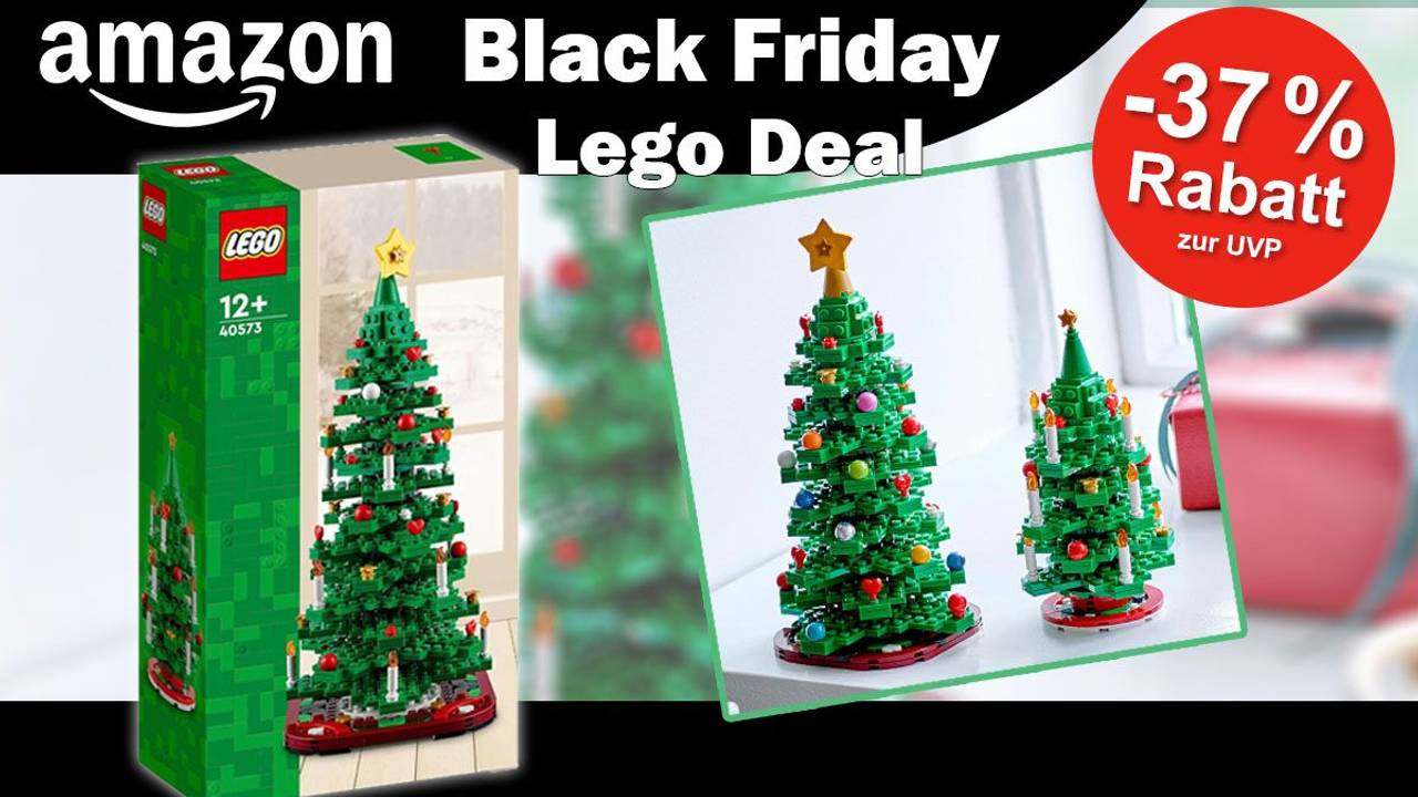 Lego Weihnachtsbaum (40573) in Verpackung und aufgebaut auf einer Fensterbank.