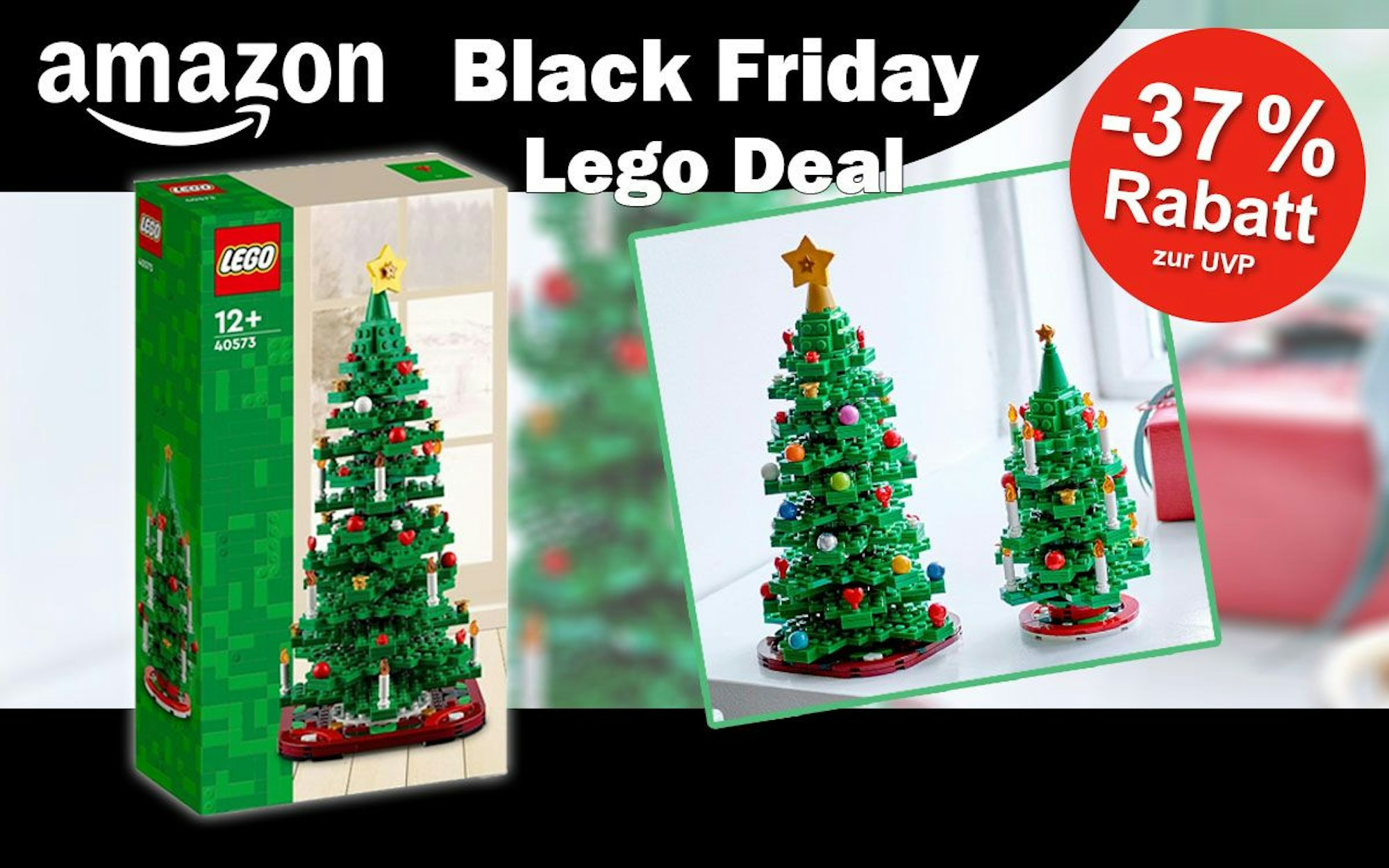 Lego Weihnachtsbaum (40573) in Verpackung und aufgebaut auf einer Fensterbank.