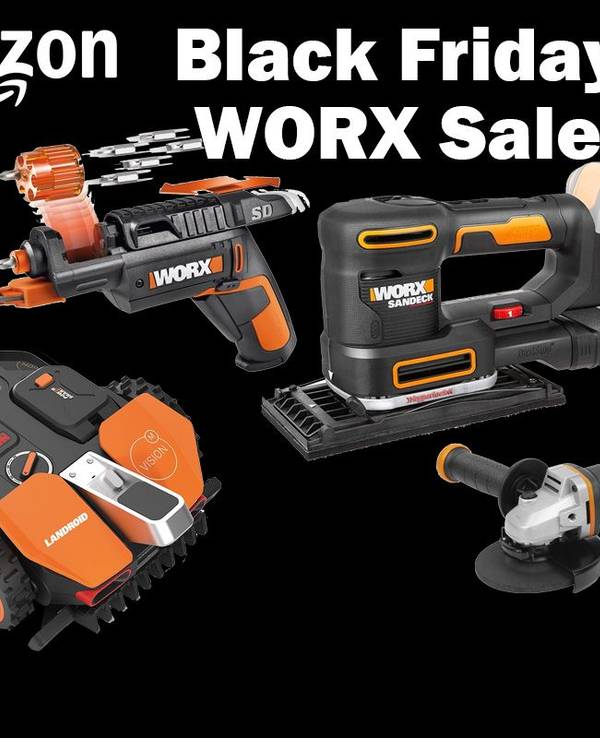 WORX Mähroboter, Aukku-Schrauber, Winkelschleifer, Schlagbohrer und Multischleifer vor einem schwarzen Hintergrund