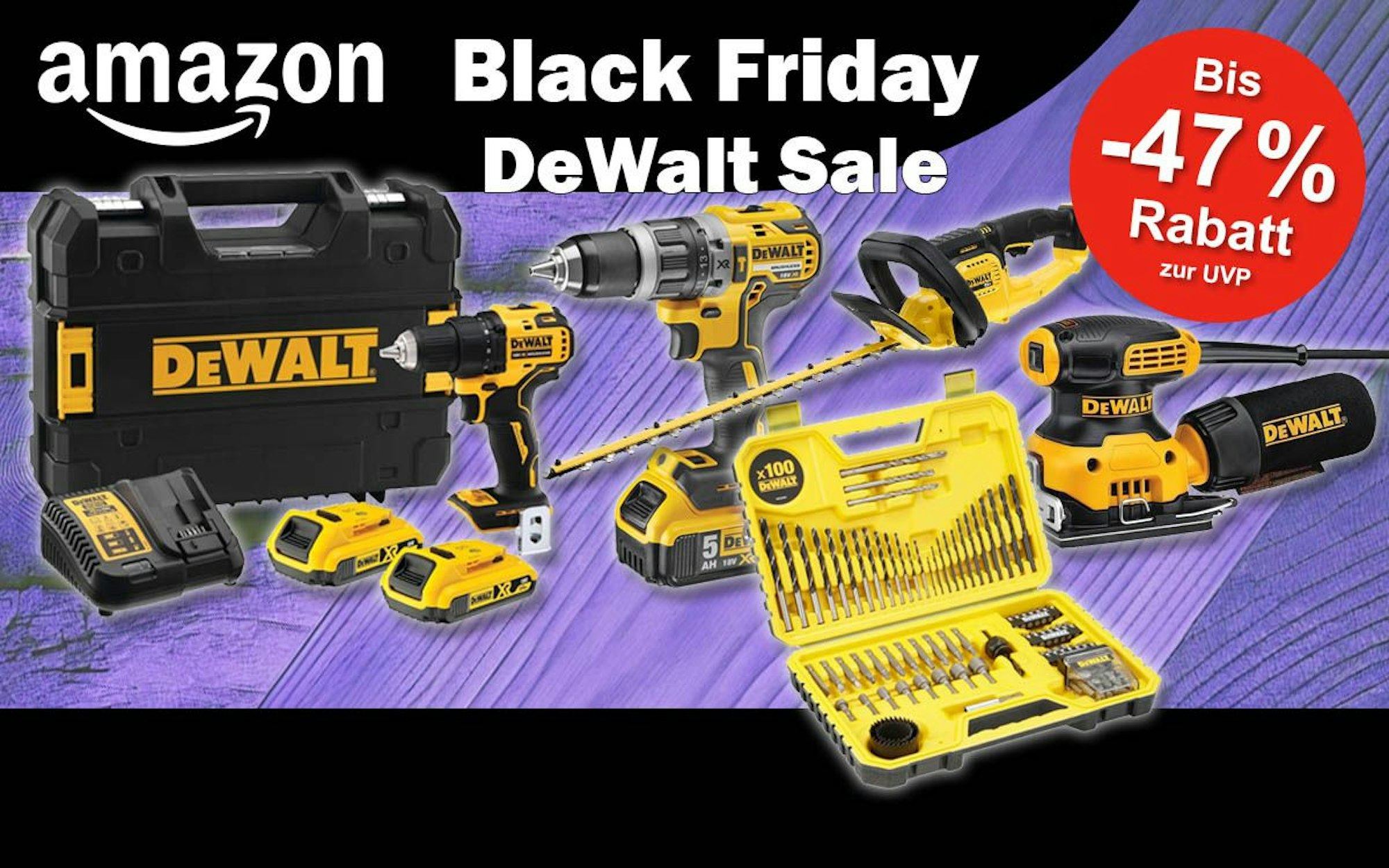 Das gelbe DeWalt Werkzeug mit Akkuschrauber, Heckenschere, Bit-Koffer, Schleifmaschine vor lila Holzhintergrund zum Amazon Black Friday.