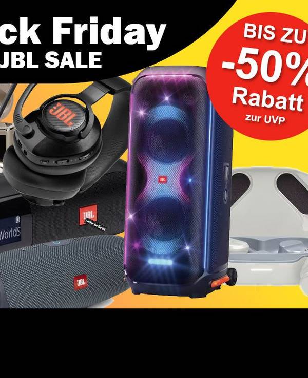 Auf dem Bild sind ganz viele Produkte der Marke JBL zu sehen.