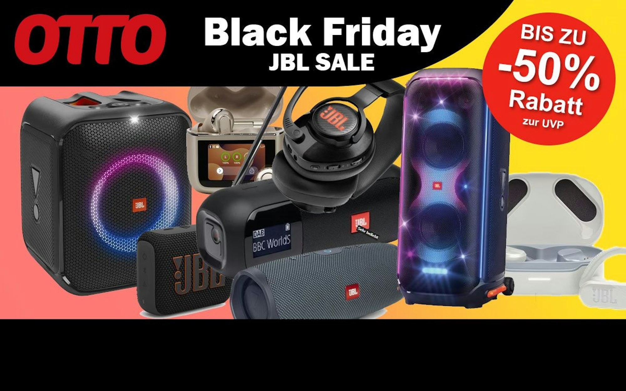 Auf dem Bild sind ganz viele Produkte der Marke JBL zu sehen.