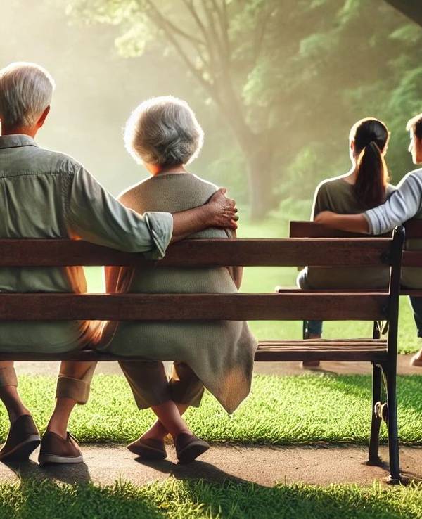 Ein junges und ein älteres Pärchen sitzen jeweils auf einer Parkbank.