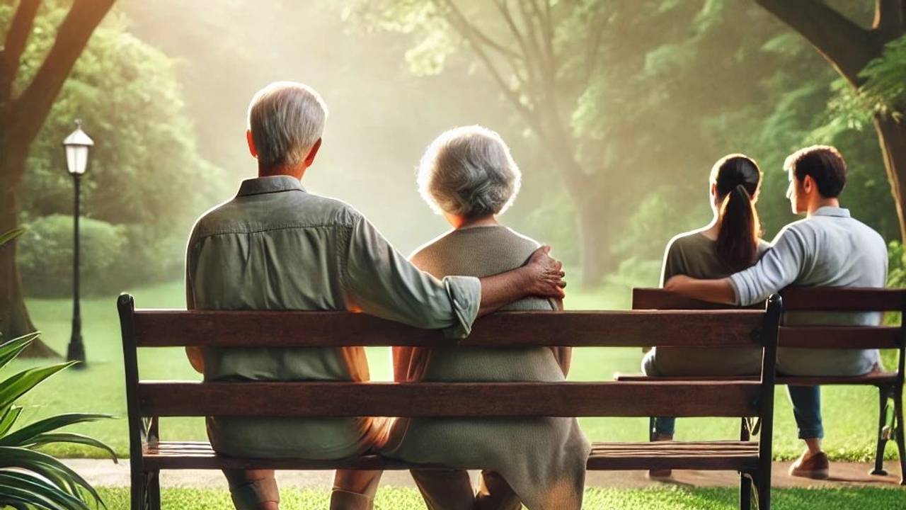 Ein junges und ein älteres Pärchen sitzen jeweils auf einer Parkbank.