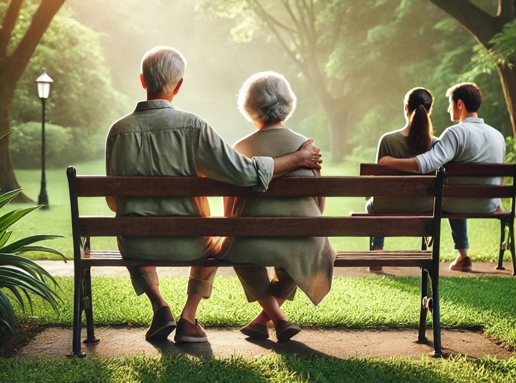 Ein junges und ein älteres Pärchen sitzen jeweils auf einer Parkbank.