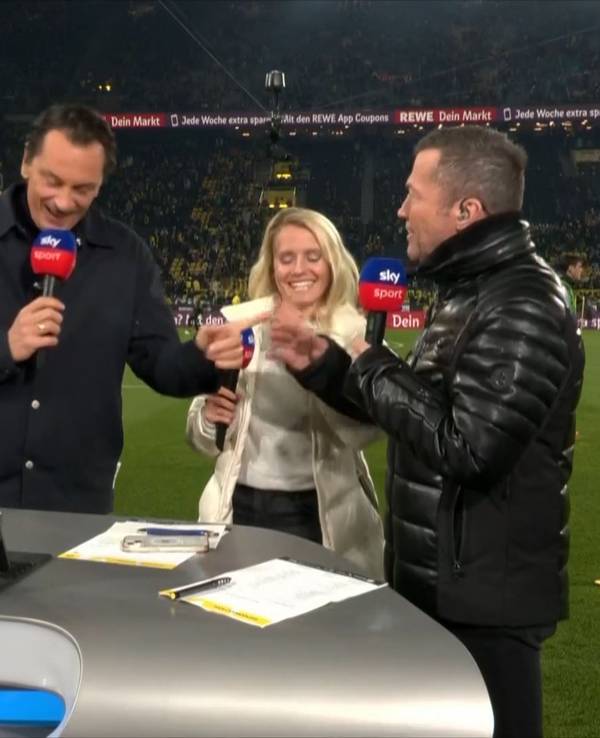 Sebastian Hellmann, Julia Simic und Lothar Matthäus in der Sky-Übertragung vor dem Spiel Borussia Dortmund - Bayern München.