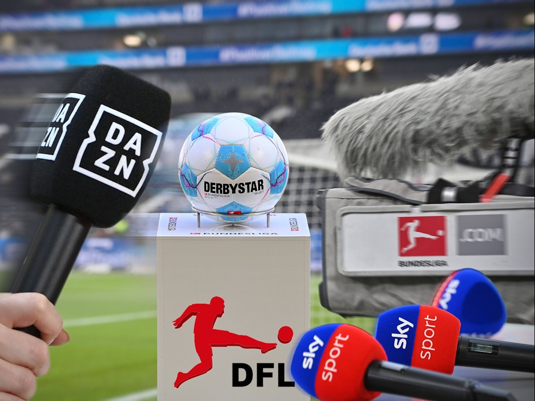 Fotomontage zum Thema TV-Rechte in der Bundesliga mit den Logos der DFL, DAZN und Sky.