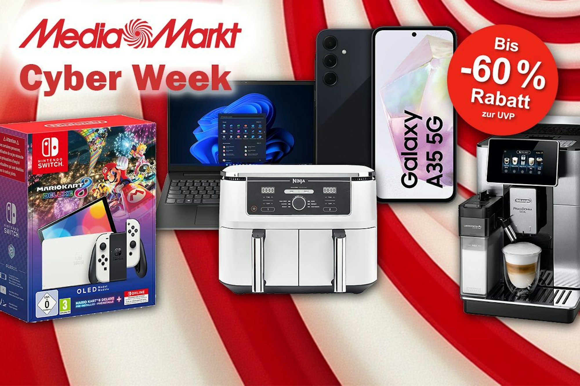 Darstellung von Technik-Produkten im Cyber Week Sale bei MediaMarkt