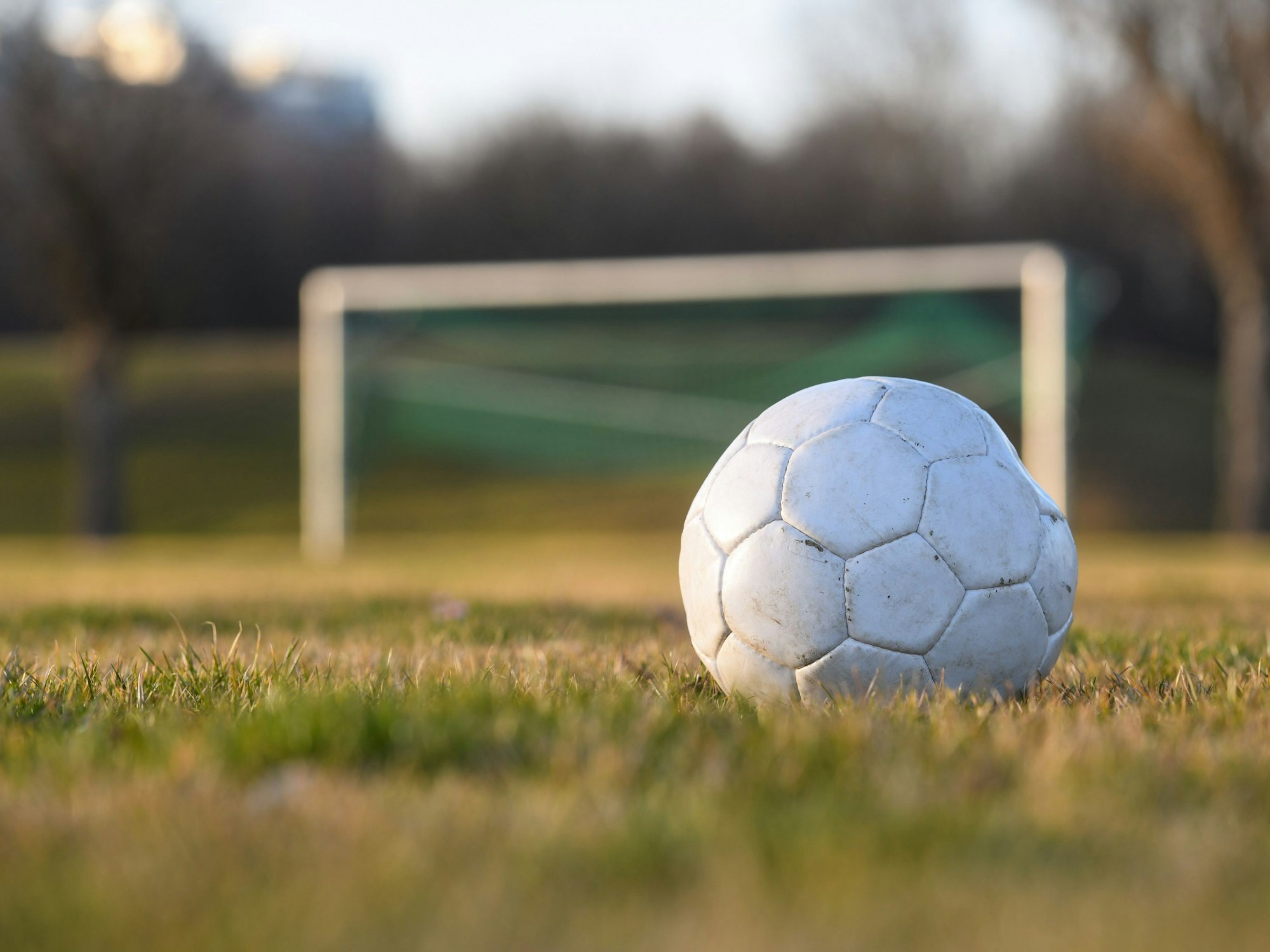 Ein Fußball liegt auf einem Fußballplatz.