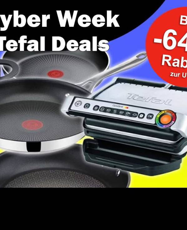 Tefal Pfannen, Opti Grill, Airfryer vor einem gelb, lila Hintergrund mit Cyber Week Tefal Deals Schrift.