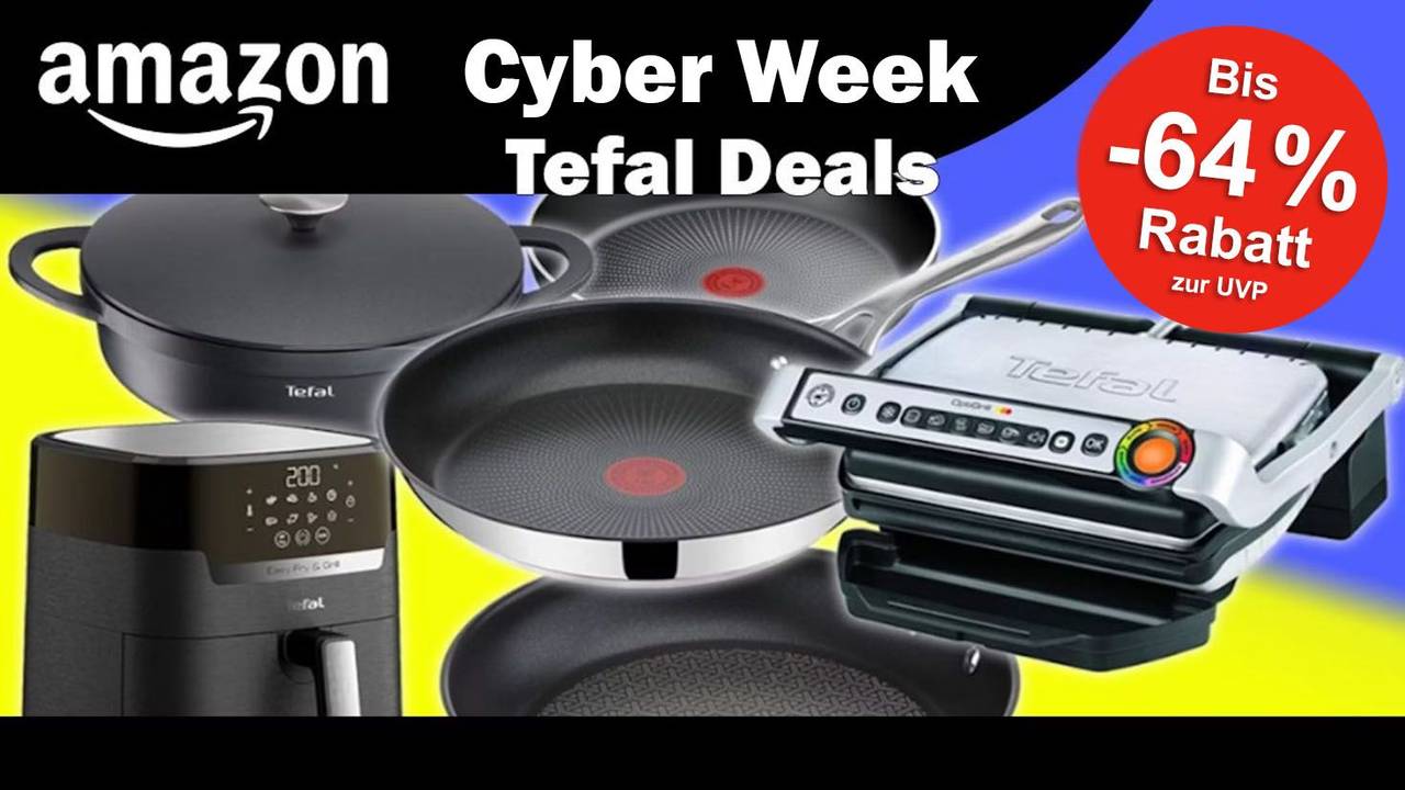 Tefal Pfannen, Opti Grill, Airfryer vor einem gelb, lila Hintergrund mit Cyber Week Tefal Deals Schrift.