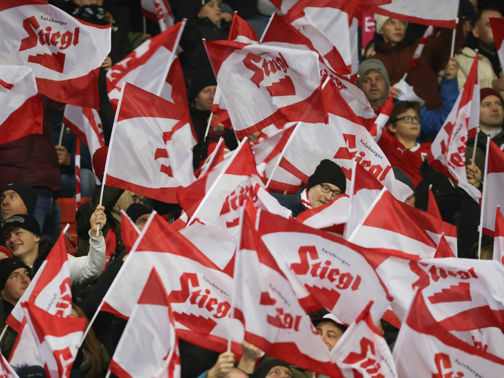 Die Fans wedeln mit Fahnen.