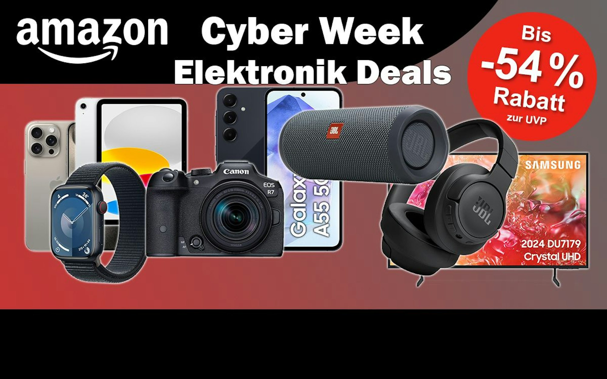 Elektronik Produkte aus der Cyber Week bei Amazon auf rotem Hintergrund