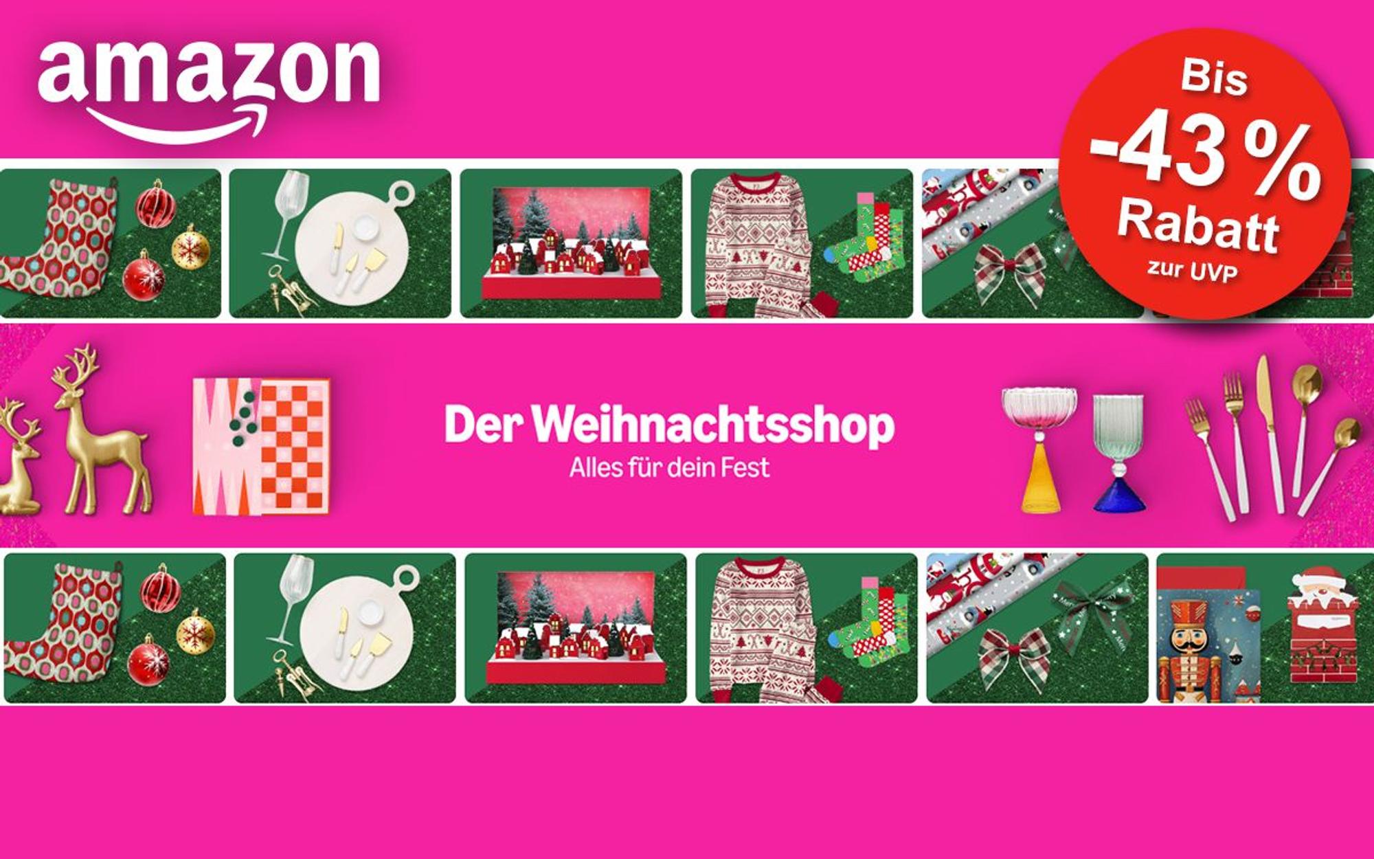 Der Weihnachtsshop Schriftzug auf pinkem Hintergrund und Amazon Logo