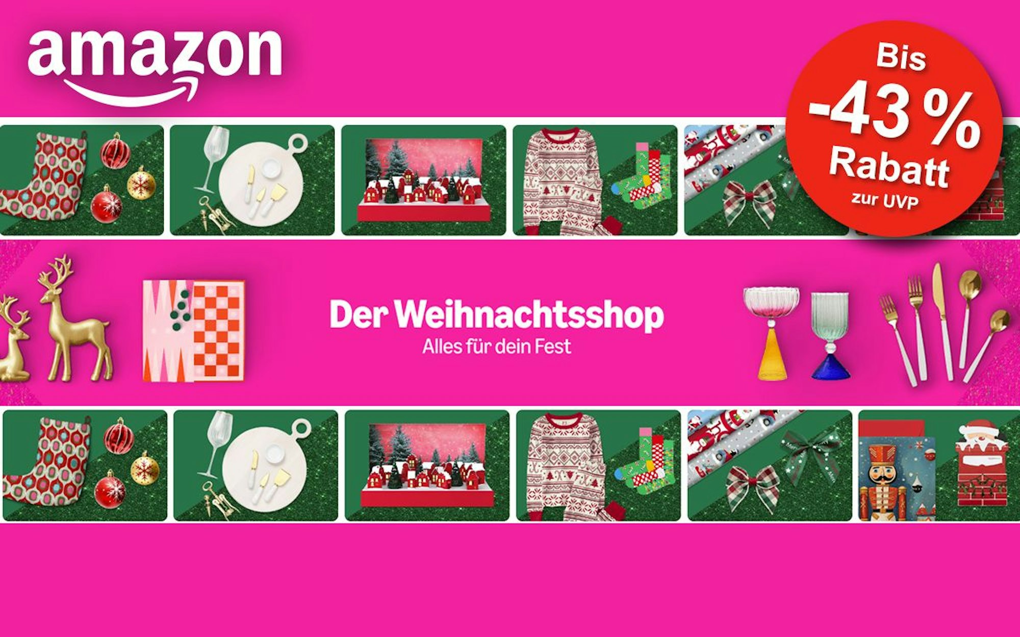 Der Weihnachtsshop Schriftzug auf pinkem Hintergrund und Amazon Logo