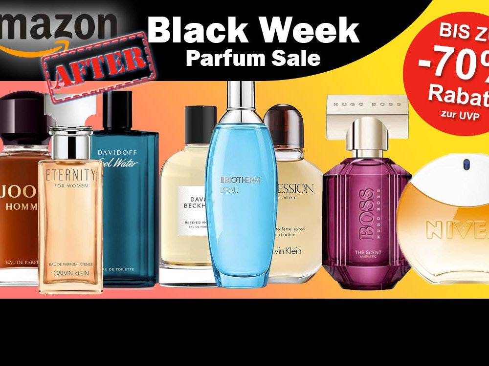 Auf dem Bild sind unterschiedliche Düfte für die After Amazon Black Week Bewerbung abgebildet.