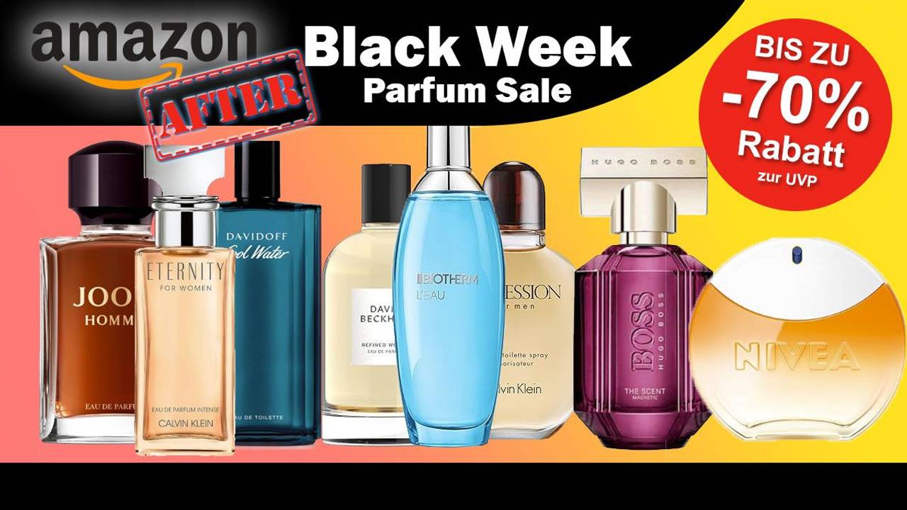 Auf dem Bild sind unterschiedliche Düfte für die After Amazon Black Week Bewerbung abgebildet.