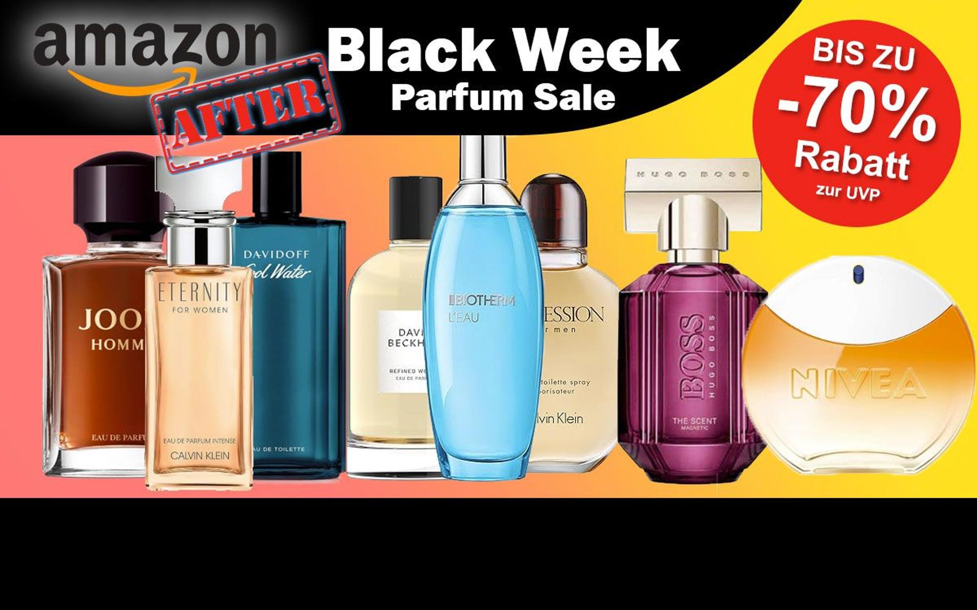 Auf dem Bild sind unterschiedliche Düfte für die After Amazon Black Week Bewerbung abgebildet.