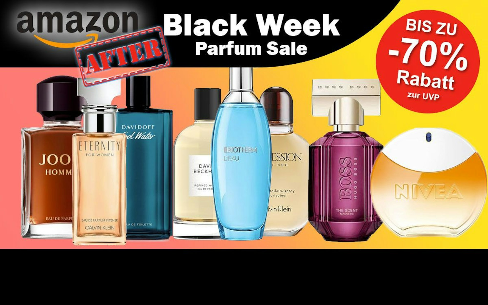 Auf dem Bild sind unterschiedliche Düfte für die After Amazon Black Week Bewerbung abgebildet.
