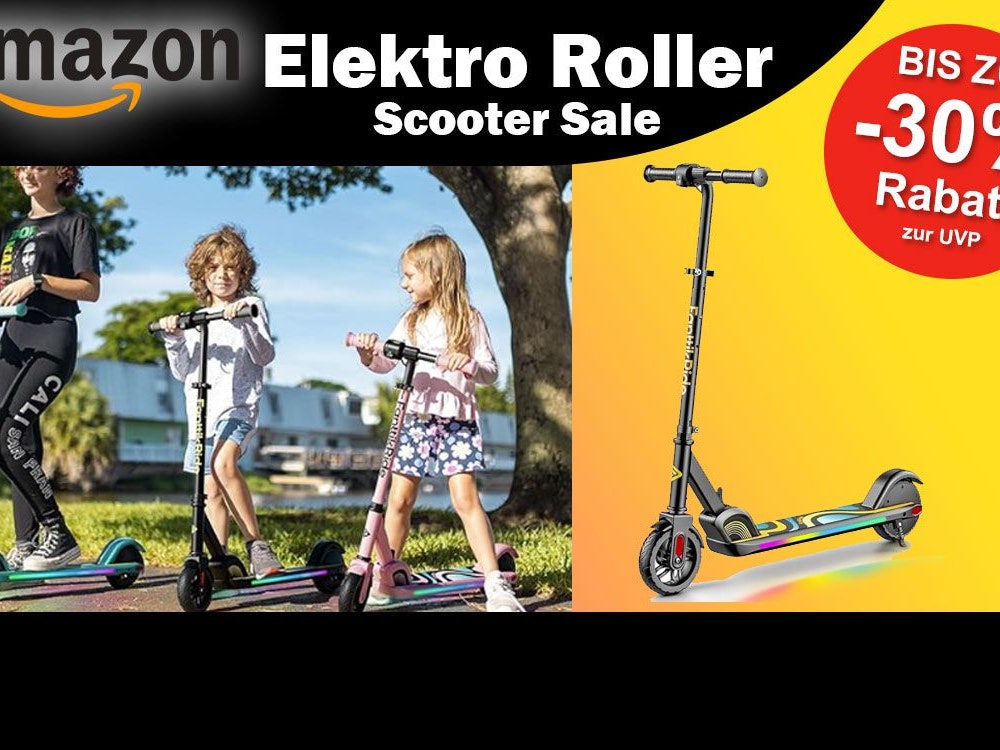 Auf dem Bild ist ein Elektro Roller für Kinder in Action zu sehen.