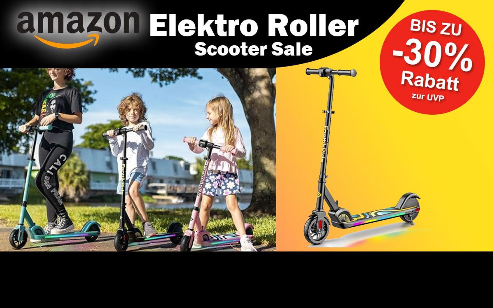 Auf dem Bild ist ein Elektro Roller für Kinder in Action zu sehen.