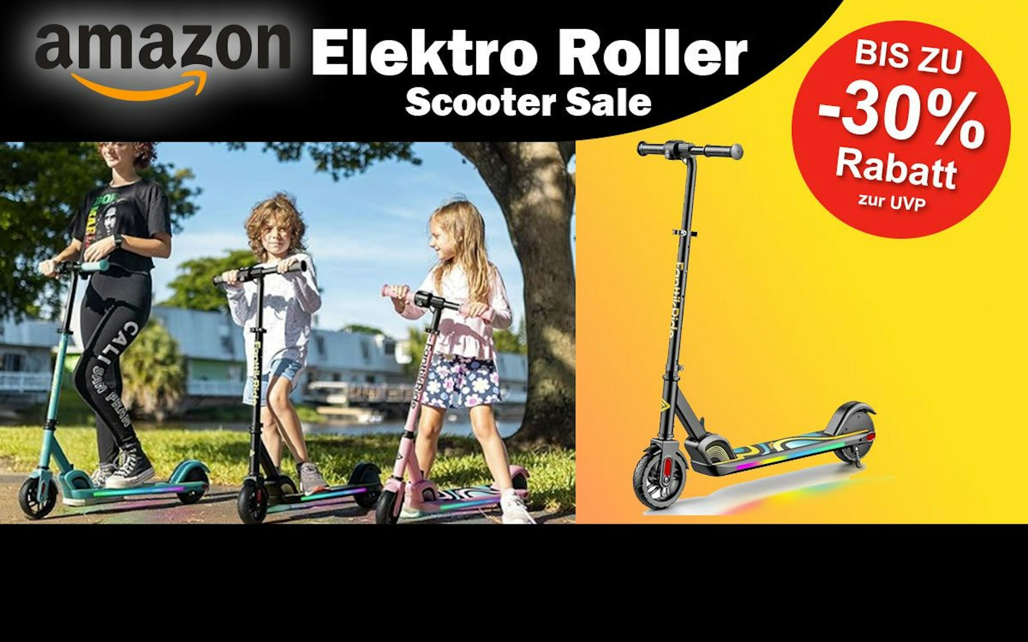 Auf dem Bild ist ein Elektro Roller  für Kinder in Action zu sehen.