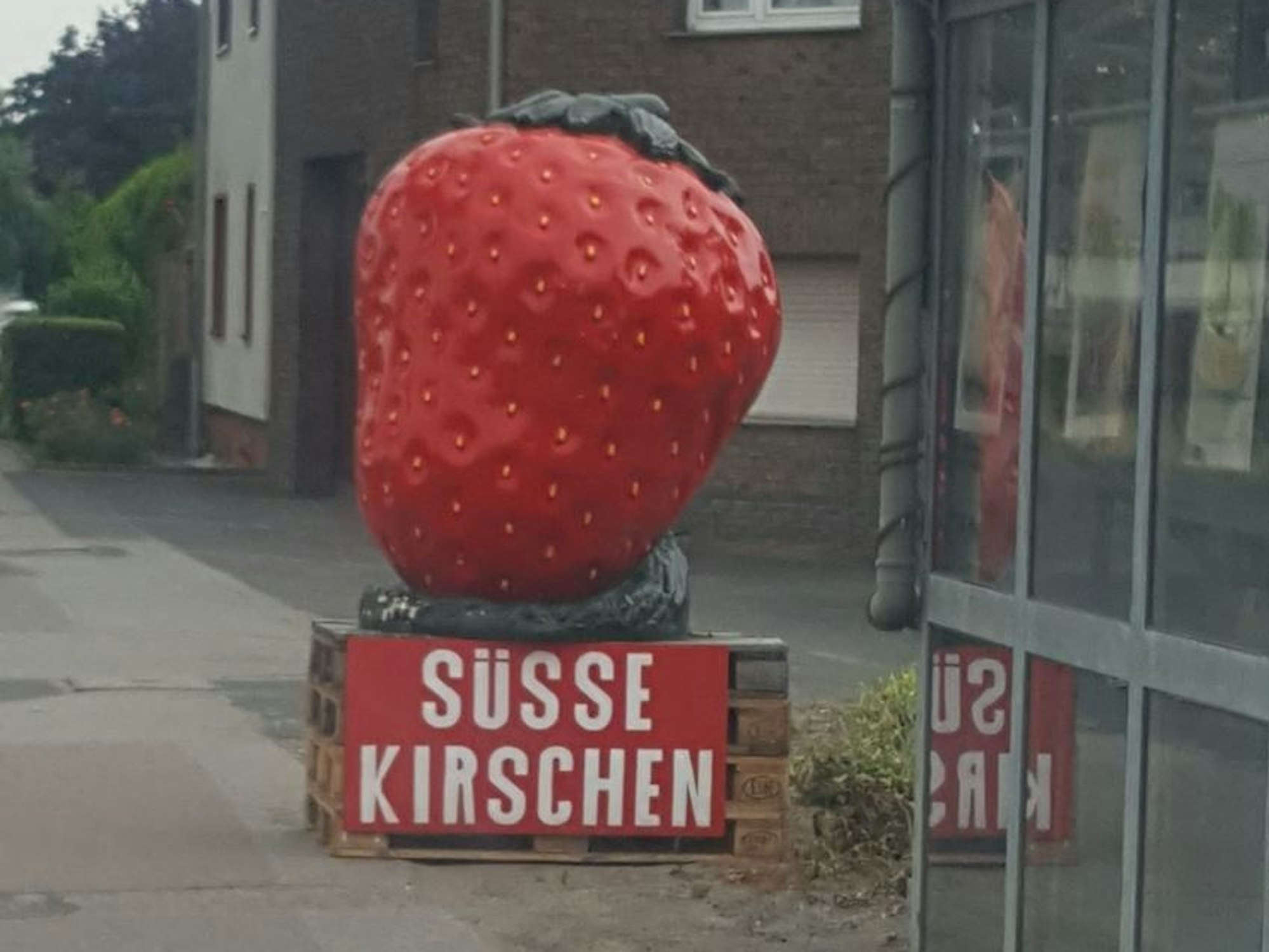 Kurioses Erdbeer- und Kirschen-Schild an einer Straße in Köln.