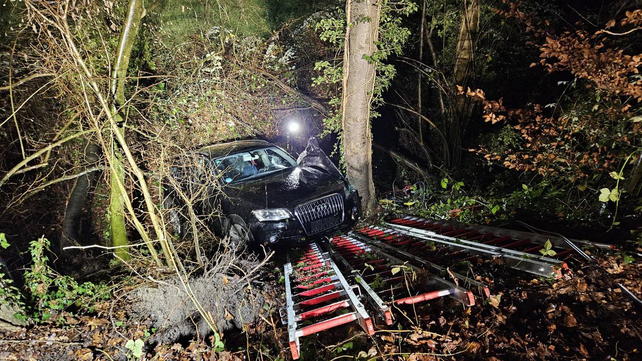 Auto hängt zwischen Bäumen in einer Böschung fest.