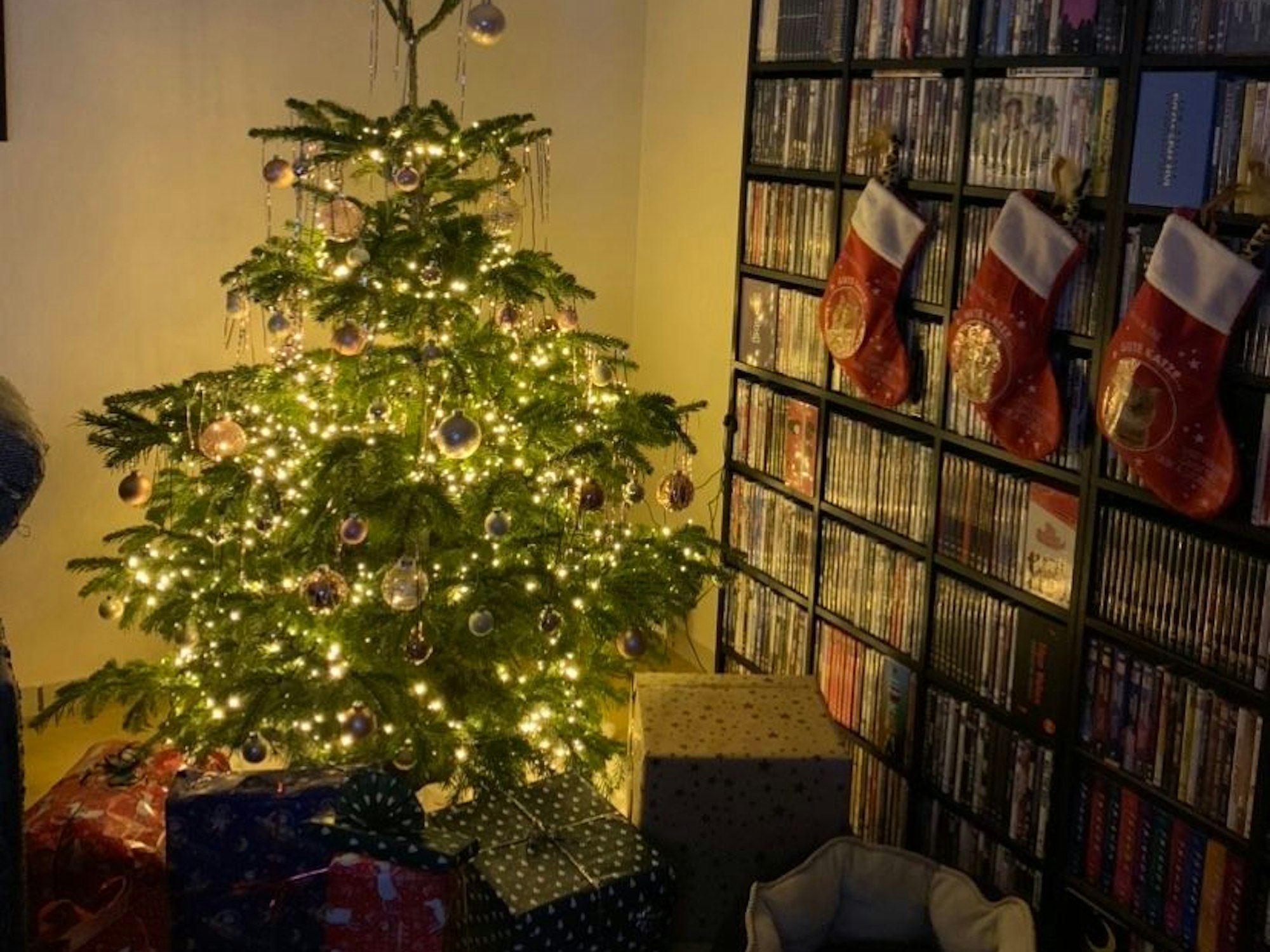 Ein Weihnachtsbaum in einem Wohnzimmer