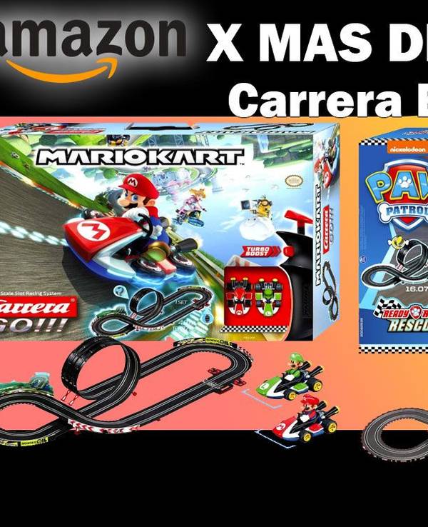Auf dem Bild ist die Carrera Bahn Mario Kart und Paw Patrol zu sehen.
