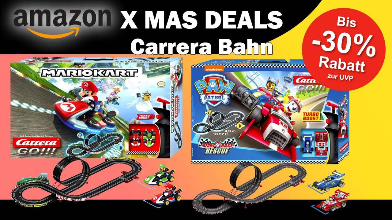 Auf dem Bild ist die Carrera Bahn Mario Kart und Paw Patrol zu sehen.