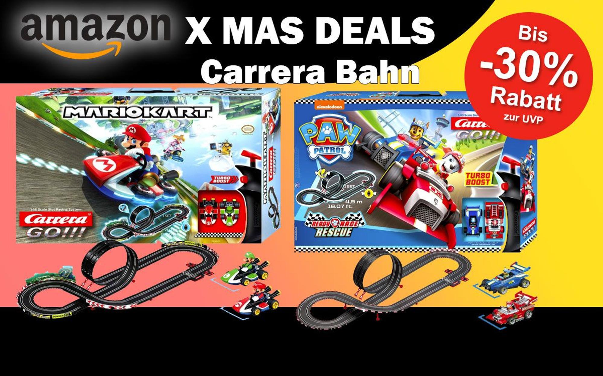 Auf dem Bild ist die Carrera Bahn Mario Kart und Paw Patrol zu sehen.
