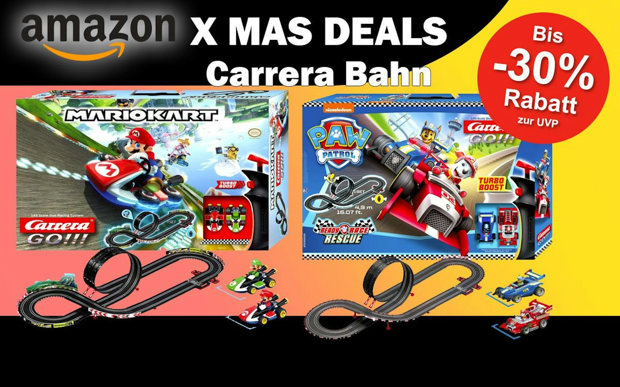 Auf dem Bild ist die Carrera Bahn Mario Kart und Paw Patrol zu sehen.