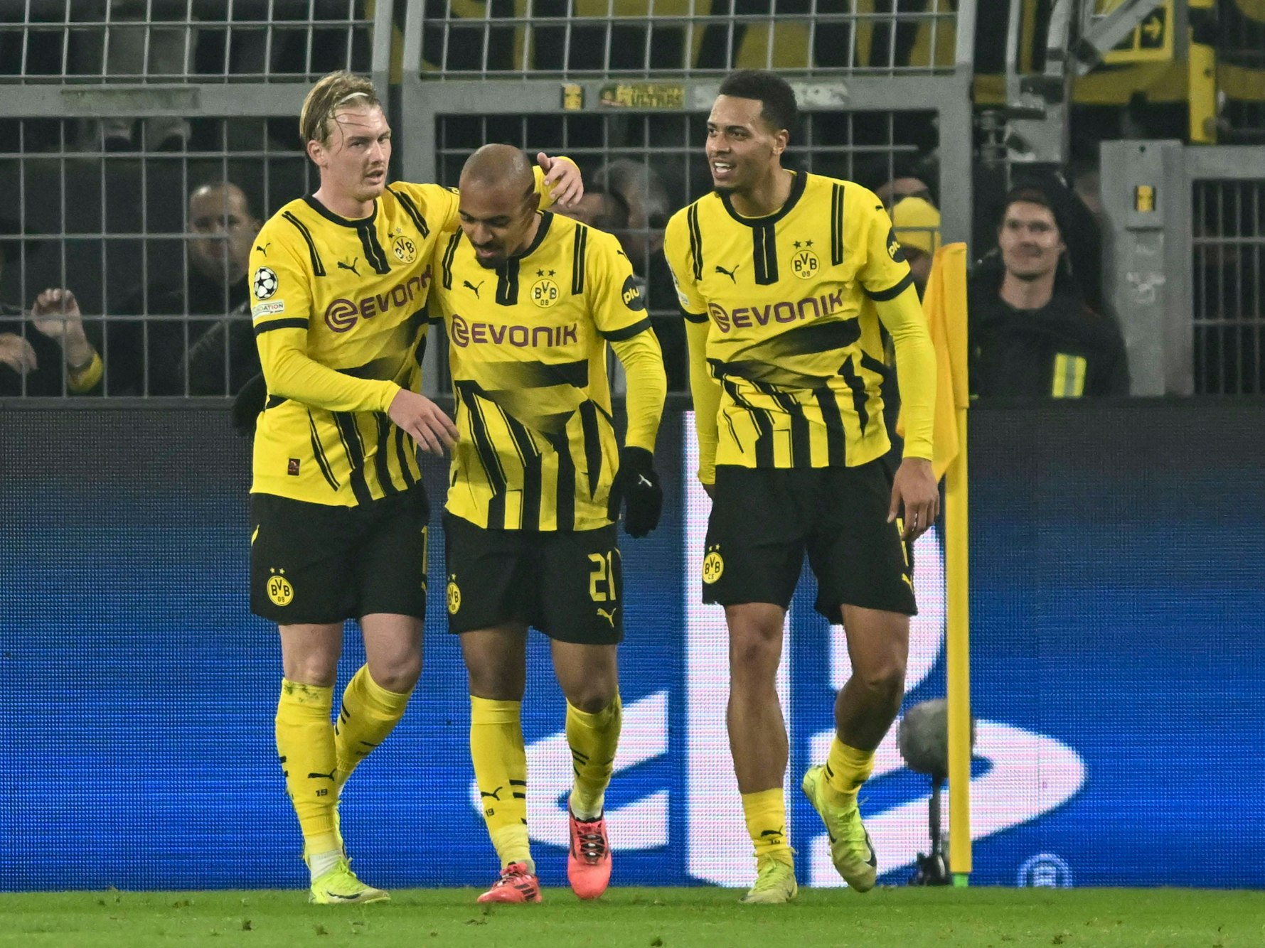 Donyell Malen jubelt mit Julian Brandt und Felix Nmecha im BVB-Trikot.