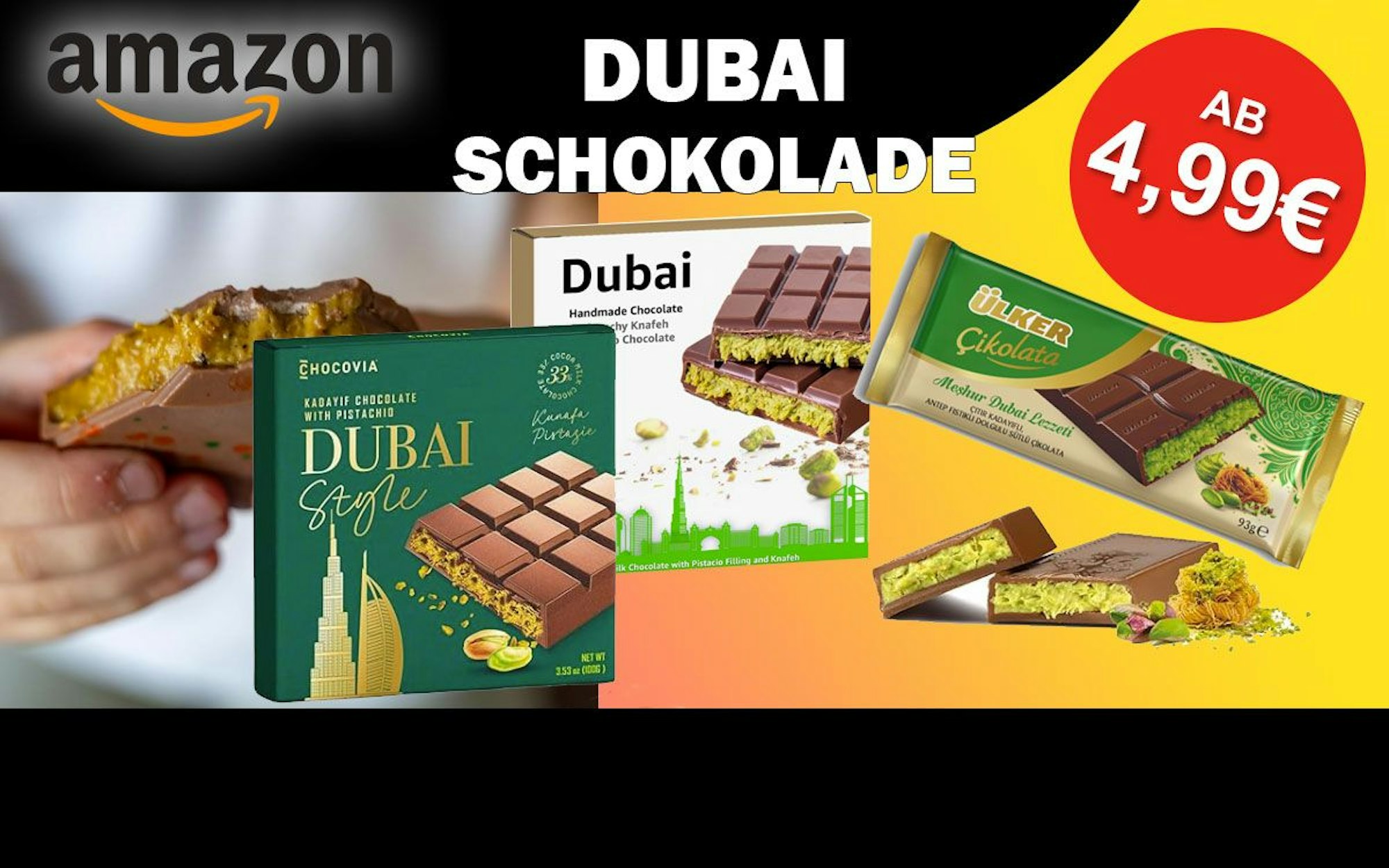 Auf dem Bild sind Dubai Schokoladen unterschiedlicher Anbieter abgebildet.