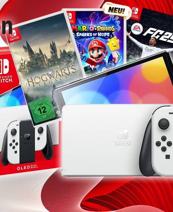 Darstellung der Nintendo Switch Oled Modell in weiß und dahinter verschiedene Nintendo Switch Spiele