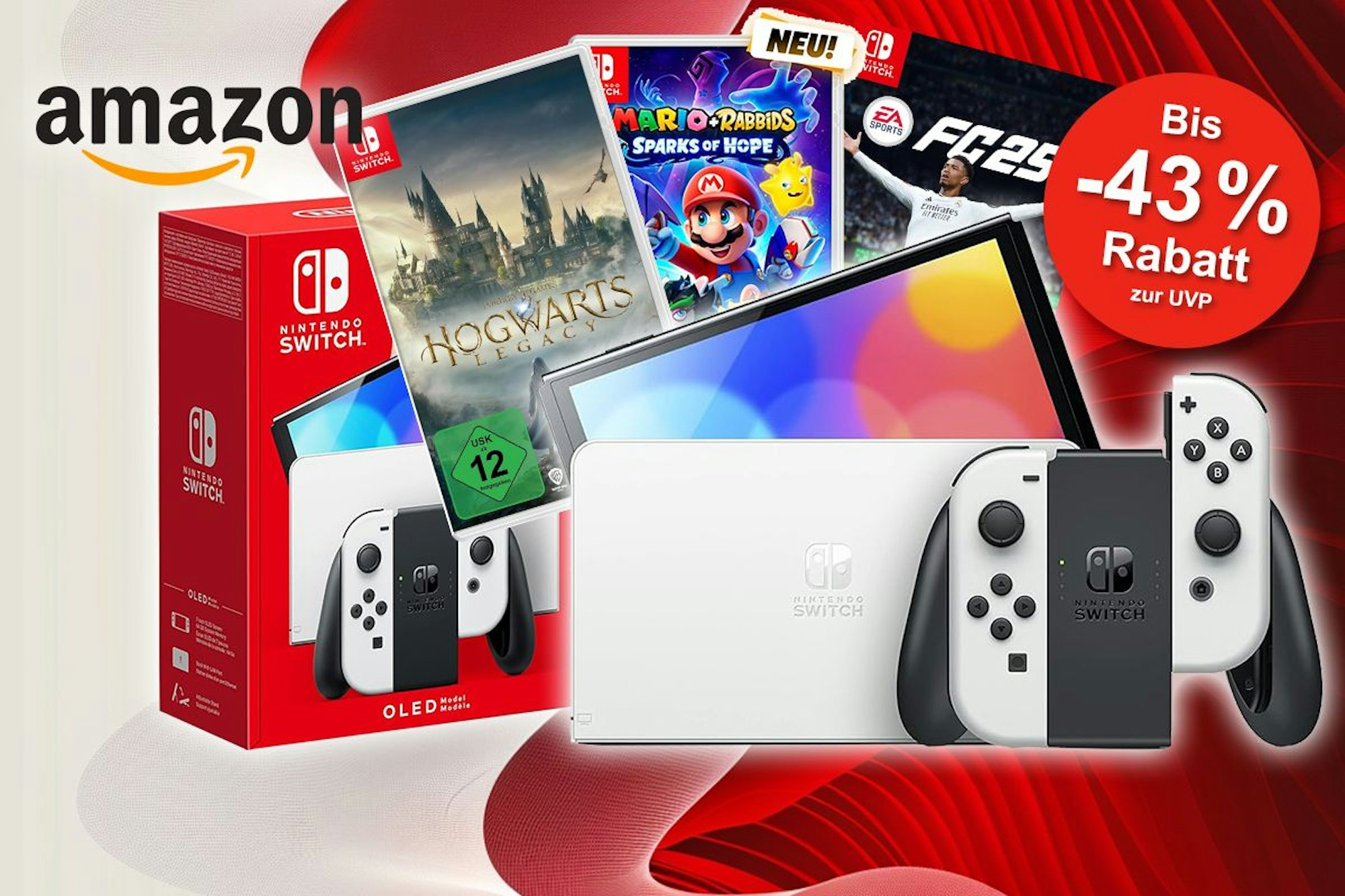 Darstellung der Nintendo Switch Oled Modell in weiß und dahinter verschiedene Nintendo Switch Spiele