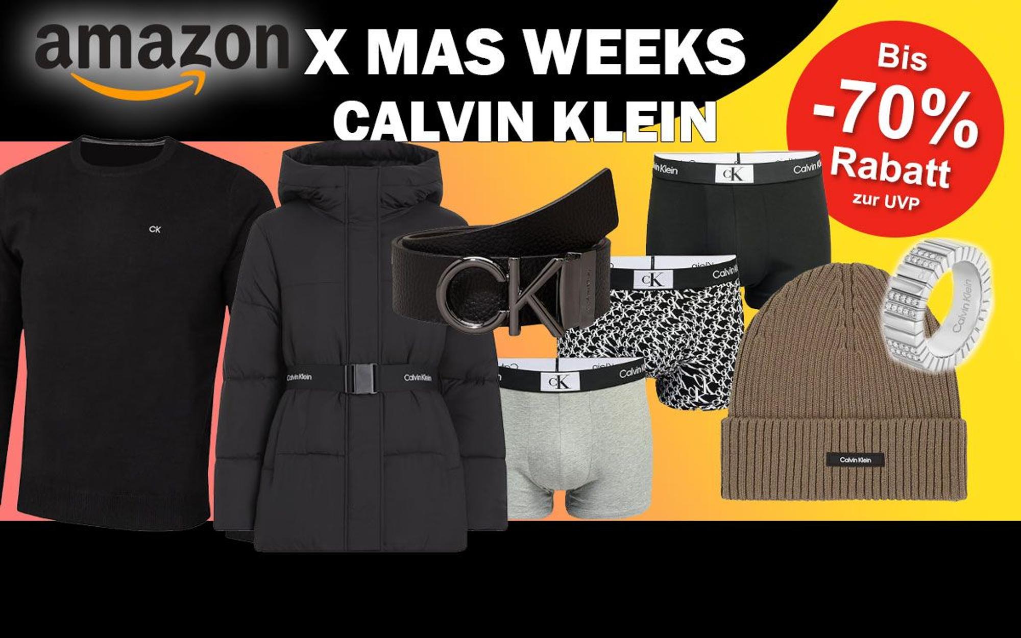 Auf dem Bild sind Accessoires von Calvin Klein zu sehen, sowie Pullover und Jacke.