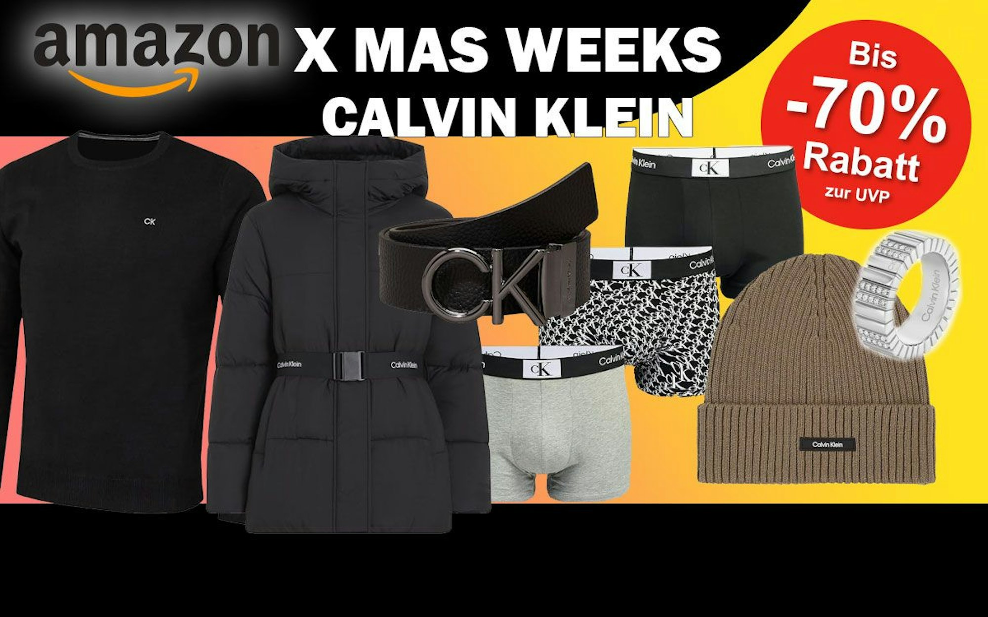 Auf dem Bild sind Accessoires von Calvin Klein zu sehen, sowie Pullover und Jacke.