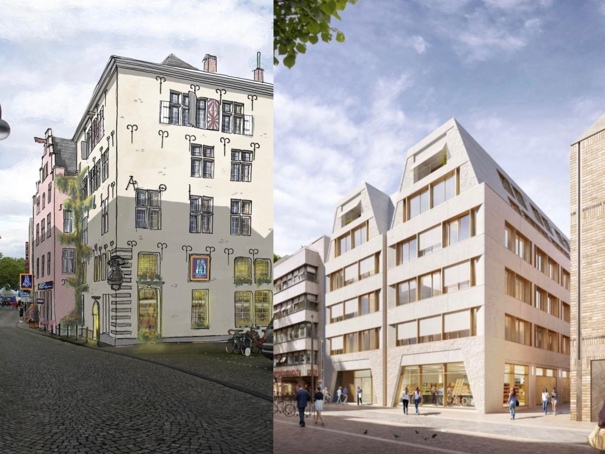 Links ist der Entwurf zu sehen, den der Verein Stadtbild Deutschland vorschlägt, bei dem die Optik des alten Gebäudes erhalten bleibt. Rechts ist der geplante Neubauentwurf von Aldi zu sehen.