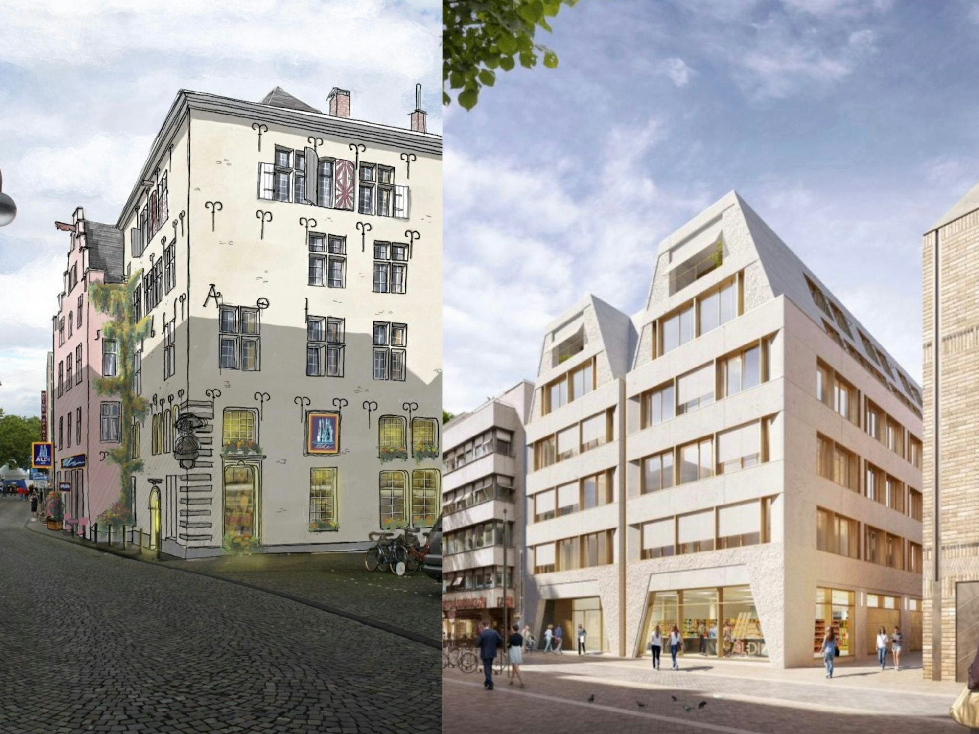 Links ist der Entwurf zu sehen, den der Verein Stadtbild Deutschland vorschlägt, bei dem die Optik des alten Gebäudes erhalten bleibt. Rechts ist der geplante Neubauentwurf von Aldi zu sehen.
